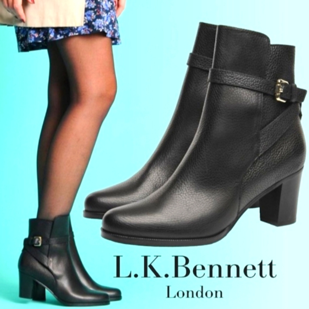 LK Bennett Boots Black Leather Wrap Around Belt Buckle Heels Made n Italy